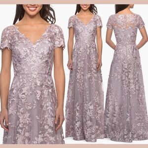 NEW La Femme [ 14 ] Long Lace Evening Gown with Cap Sleeves Antique Blush #Q1240